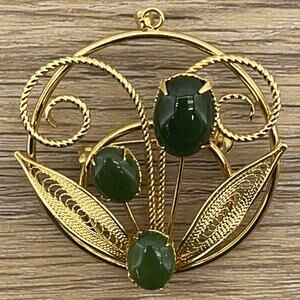 Vintage Gold Plated Pin Brooch with Jade Stone Filigree Leaf Design